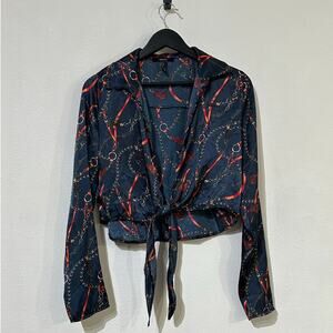 Forever 21 Satin Chain Long Sleeve Front Tie Crop Top